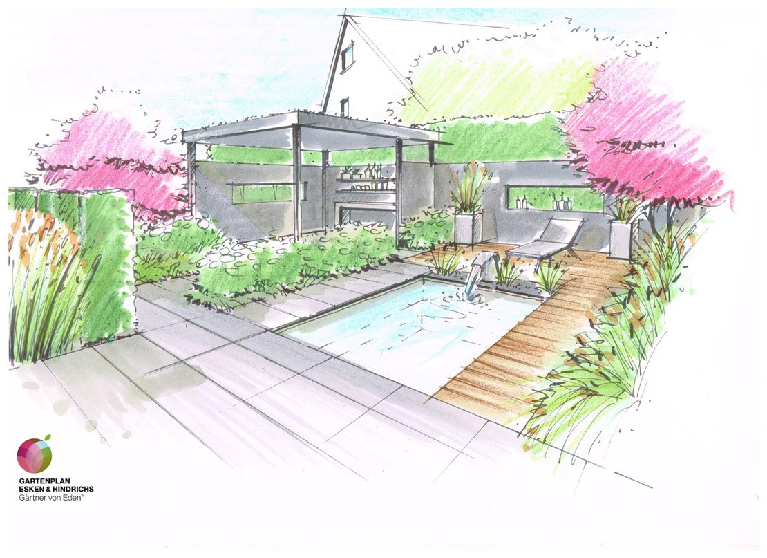Farbige Skizze eines Wellnessgartens mit Mini-Pool, Wasserspiel und Lounge