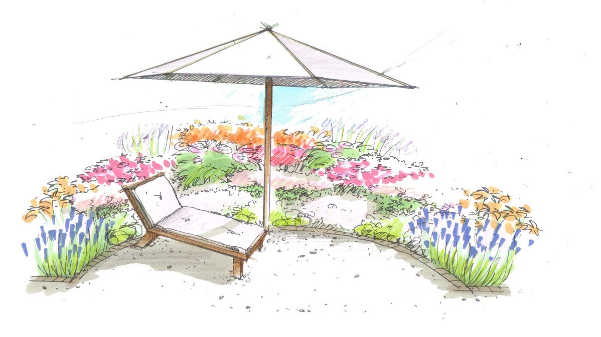perspektivische bunte Skizze eines Sitzplatzes mit Sonnenliege und Sonnenschirm vor einem Beet