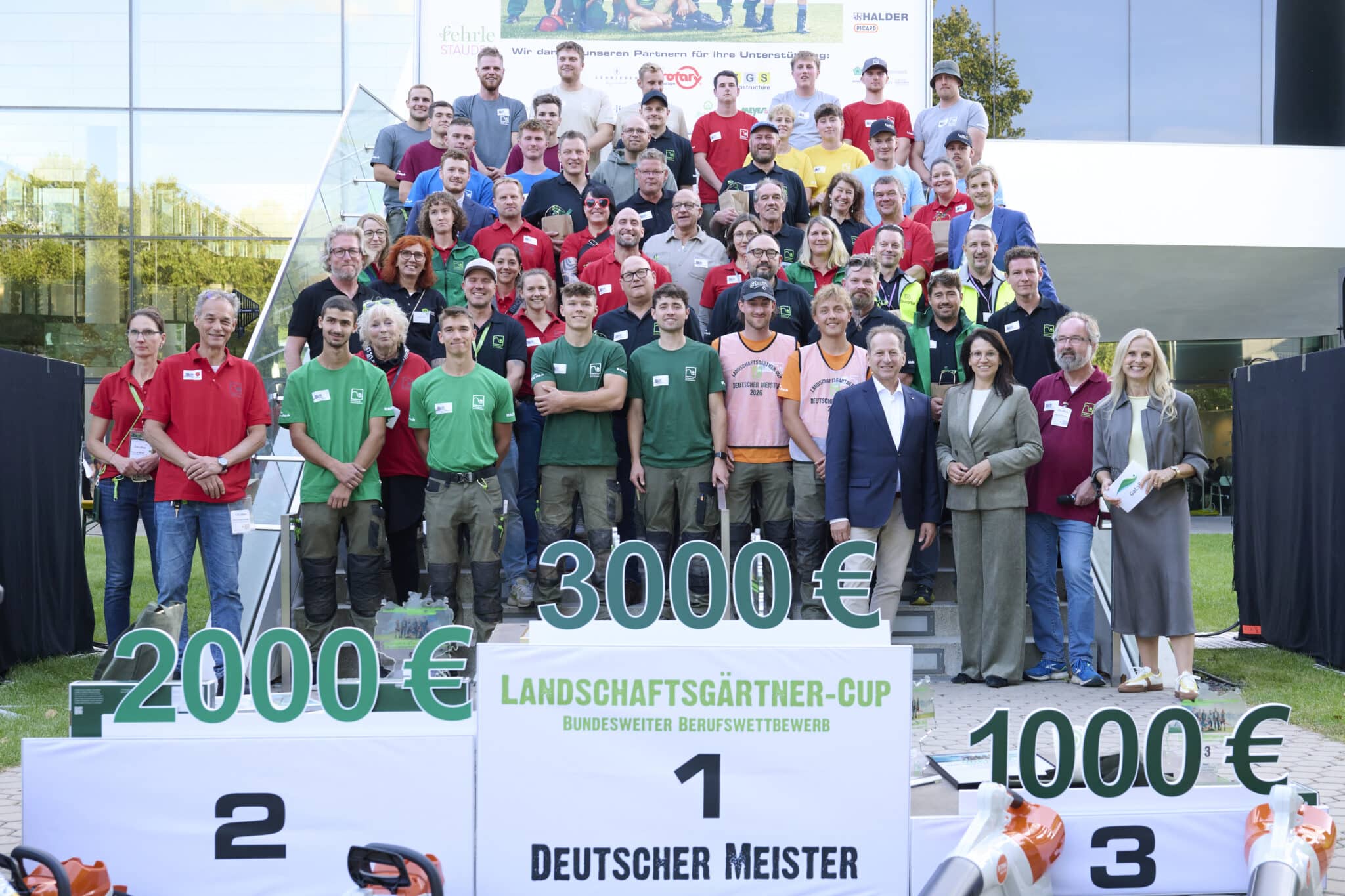 Azubi-Cup Teilnehmer 2026 Lila Alliumblüten, die in einem Garten zwischen grünem Gras und Pflanzen wachsen.